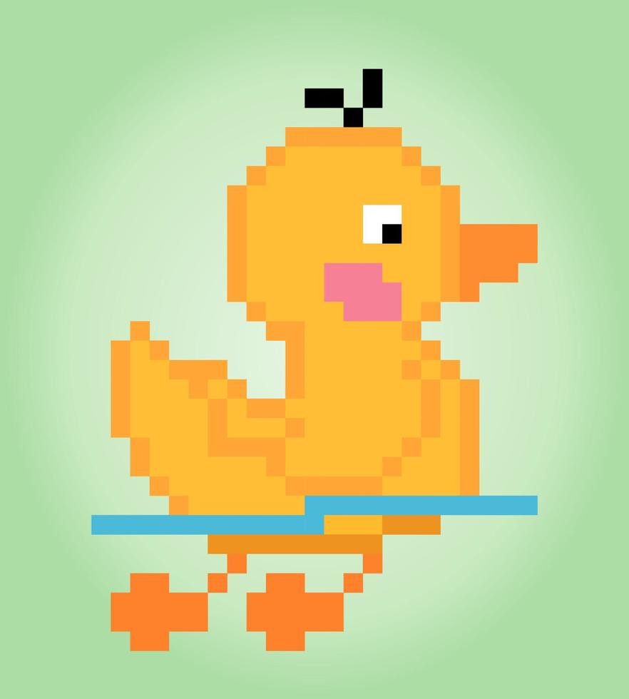 8-bit duck pixels are swimming. Animal game assets in vector illustrations.