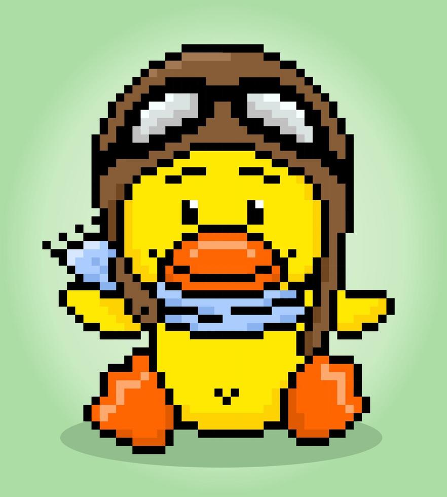 8-bit pixel duck wearing a pilot uniform. Animal game assets in vector illustrations.
