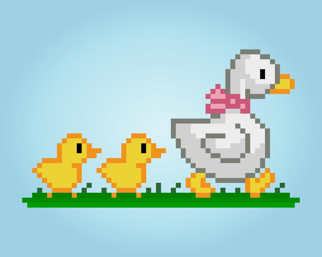 8 bit pixel parent duck and cubs. Animals pixel for game assets and cross stitch patterns in vector illustrations.