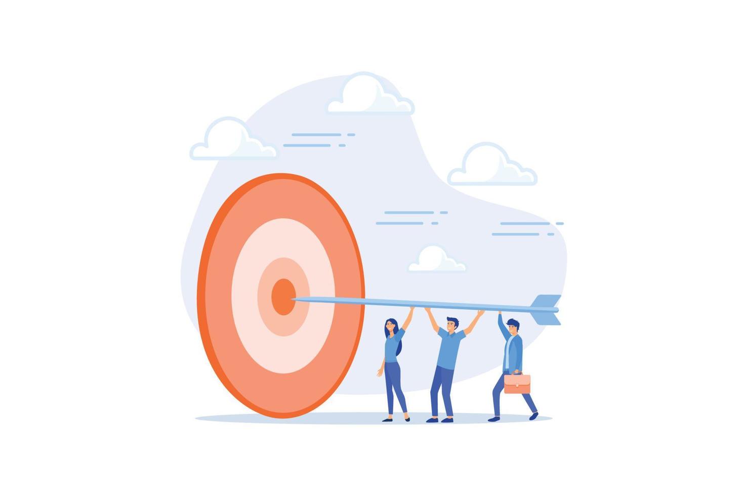 Aiming at target, reaching goal or achievement, team collaboration or partnership, teamwork or corporate mission concept, business man and woman, flat vector modern illustration