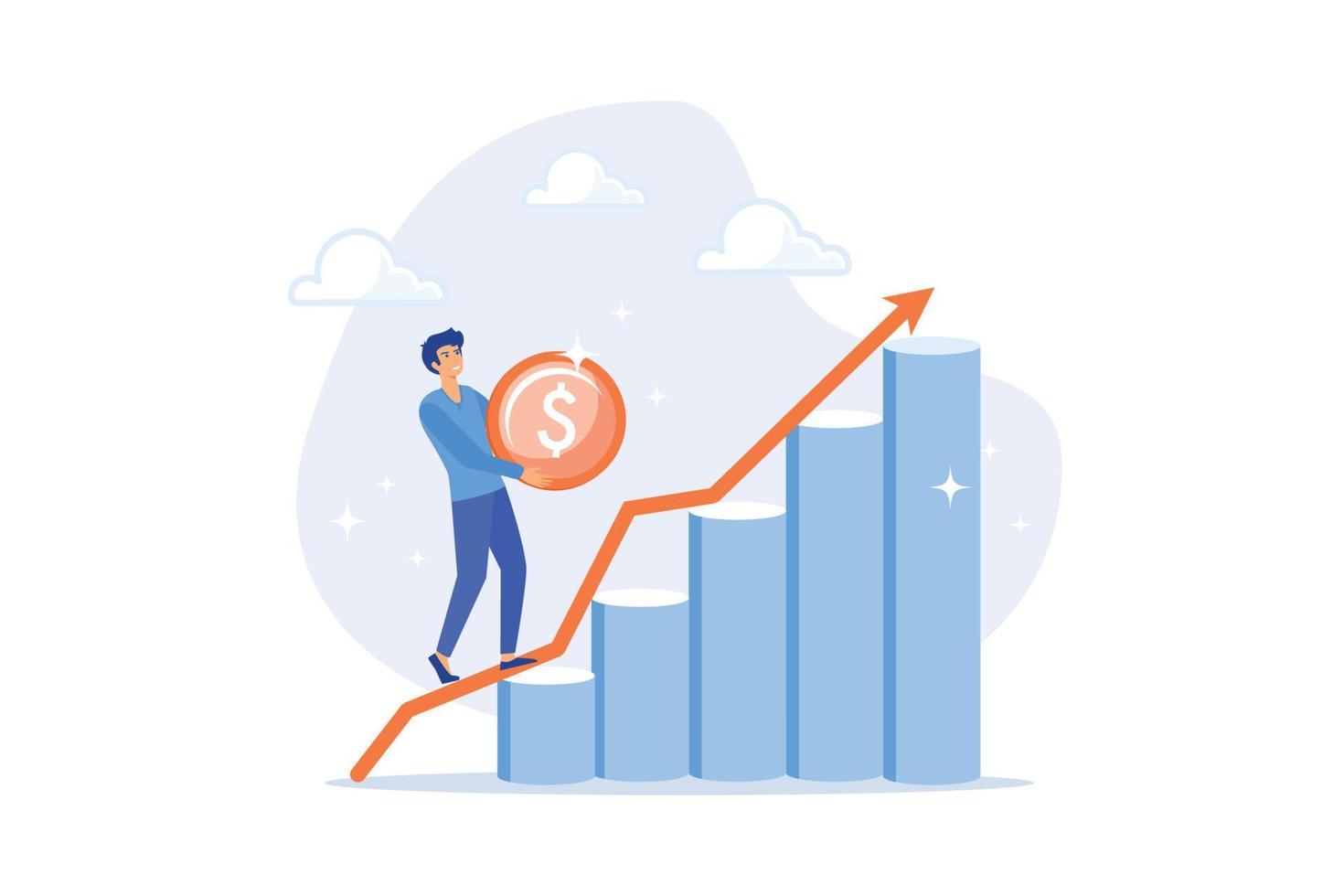 gráfico de inversión, ganancias o ganancias de la bolsa de valores o fondos mutuos, gestión de riqueza o concepto de crecimiento de activos, ilustración moderna de vector plano