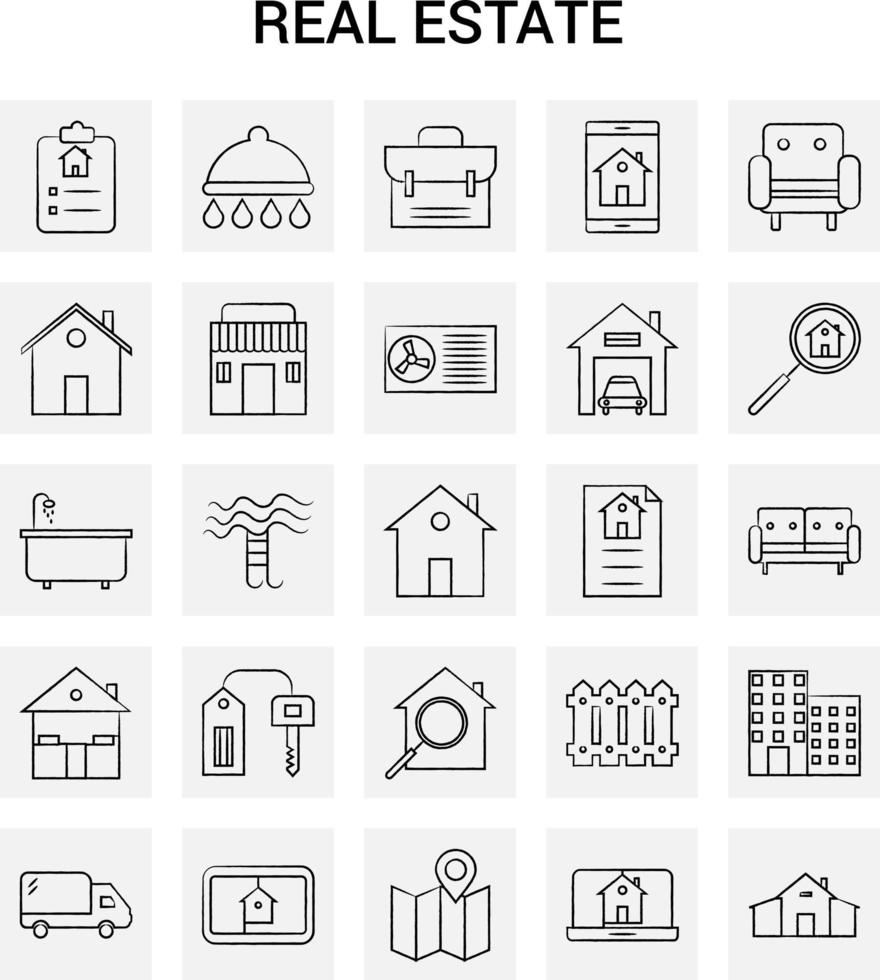 25 conjunto de iconos de bienes raíces dibujados a mano fondo gris garabato vectorial vector