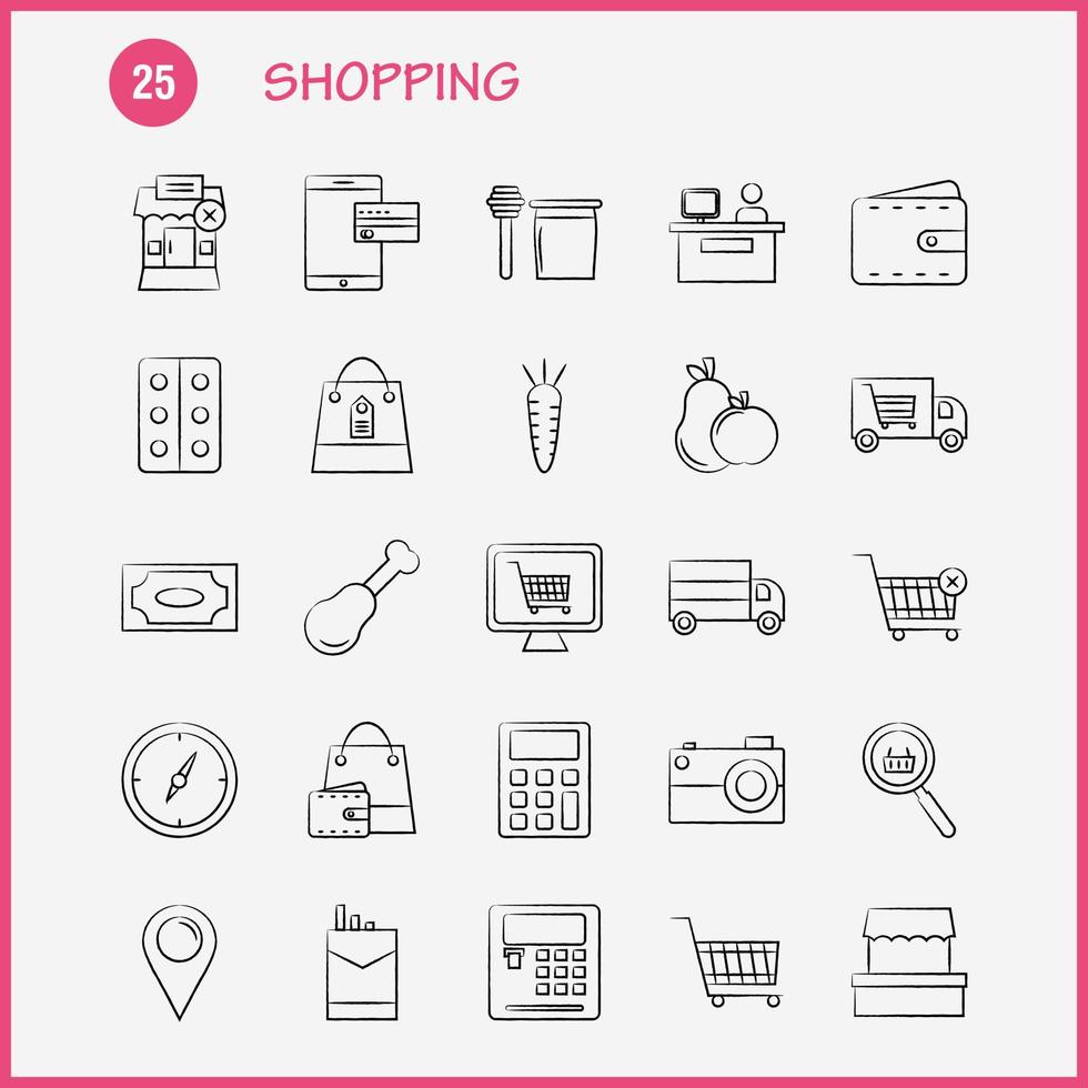 icono dibujado a mano de compras para impresión web y kit de uxui móvil como edificio centro comercial centro comercial carrito de compras vector de paquete de pictogramas de comercio