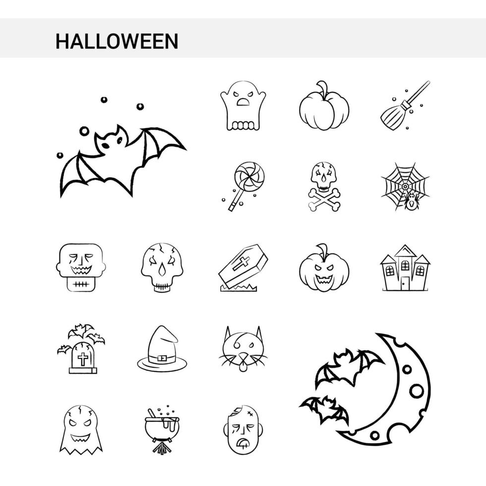 estilo de conjunto de iconos dibujados a mano de halloween aislado en vector de fondo blanco