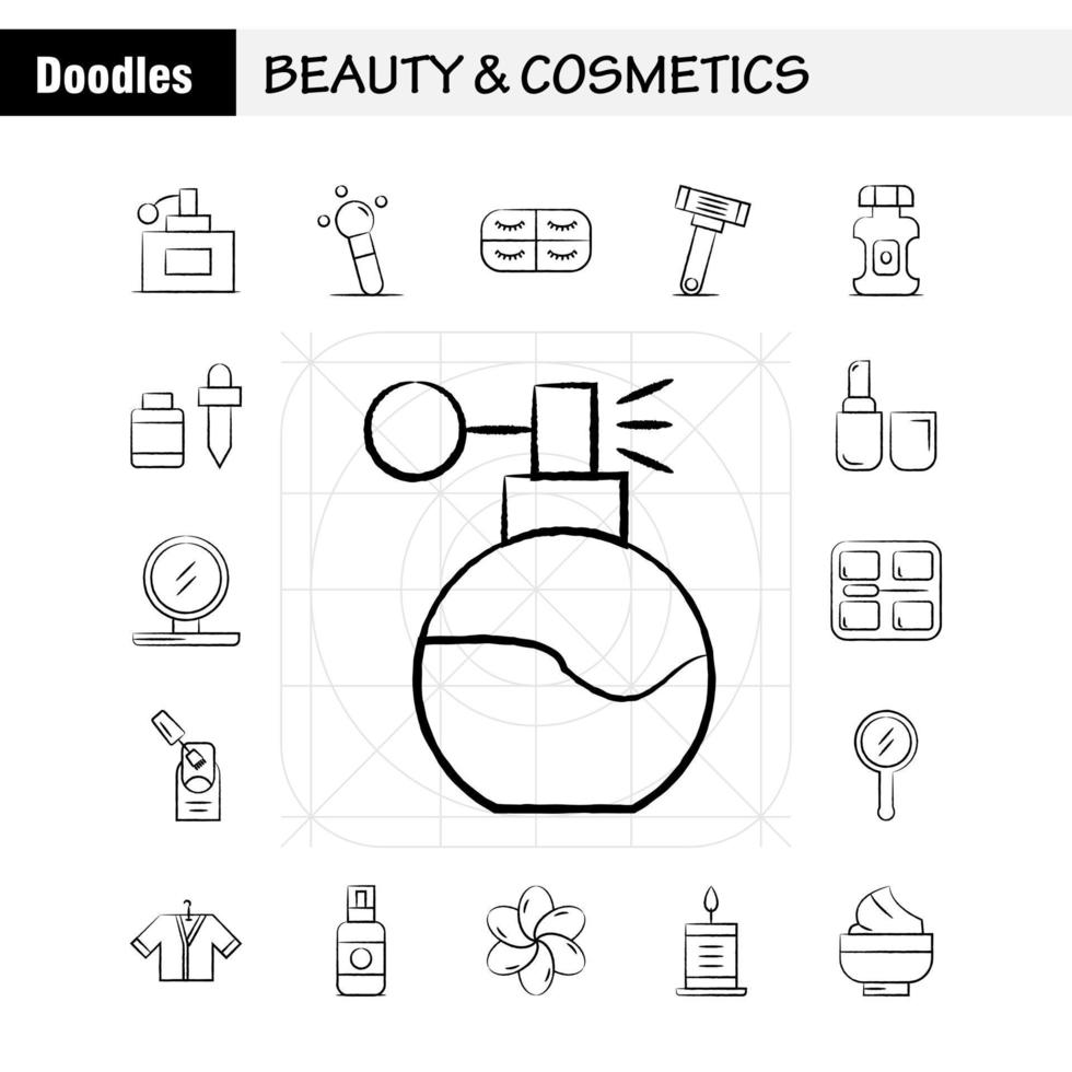 Beauty And Cosmetics Hand Drawn Icons Set For Infographics Mobile UXUI Kit And Print Design Include Face Foundation Liquid Makeup Beauty Brush Makeup Beauty Icon Set Vector