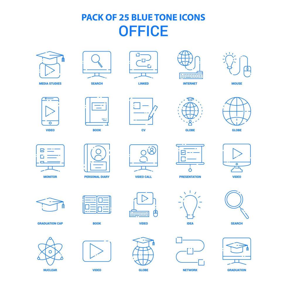 paquete de iconos de tono azul de oficina 25 conjuntos de iconos vector