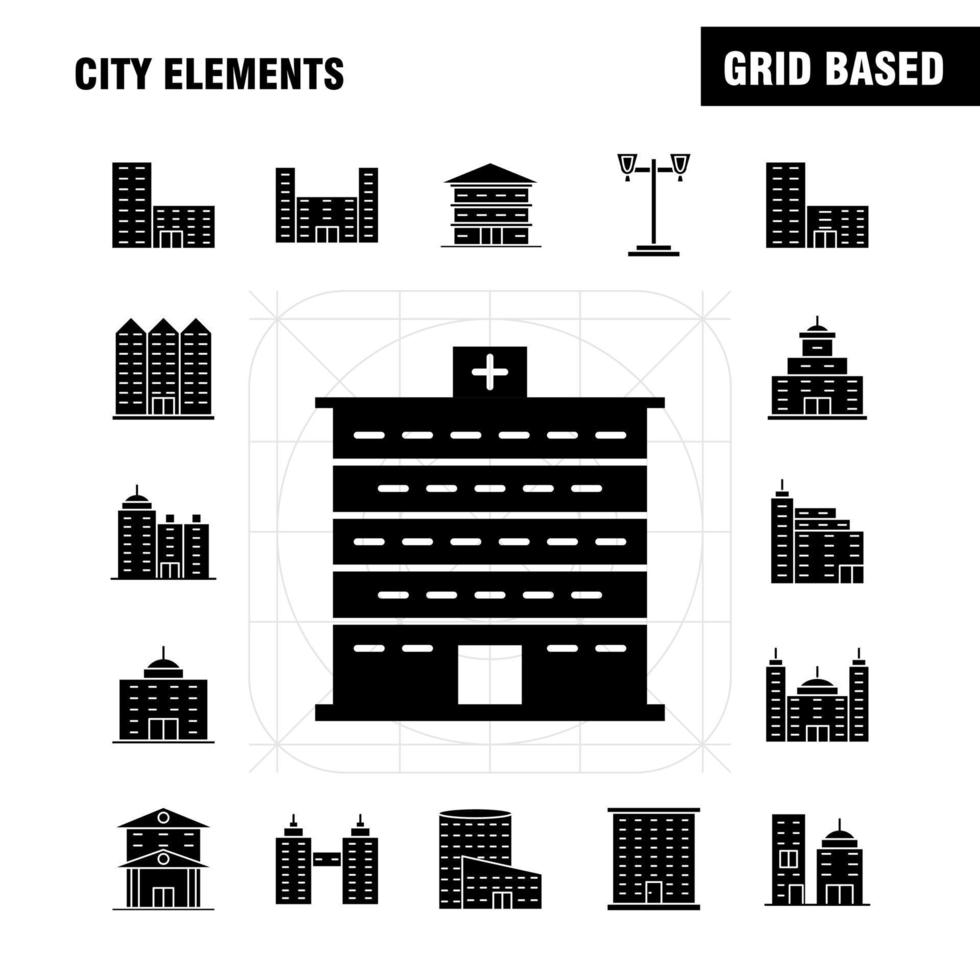 elementos de la ciudad conjunto de iconos de glifos sólidos para infografías kit de uxui móvil y diseño de impresión incluyen edificio de torre edificios de oficinas de la ciudad torre ciudad oficina eps 10 vector