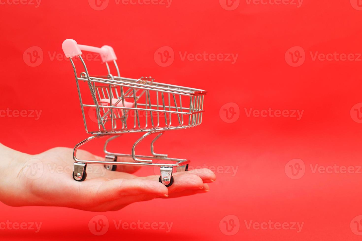 The shopping cart in female hand on red background photo