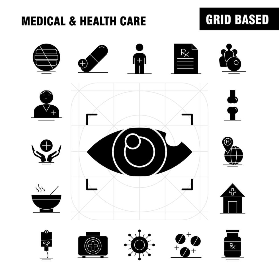 icono de glifo sólido de atención médica y de salud para impresión web y kit de uxui móvil, como prueba de búsqueda de ojo médico, vector de paquete de pictogramas de hospital de medicina médica