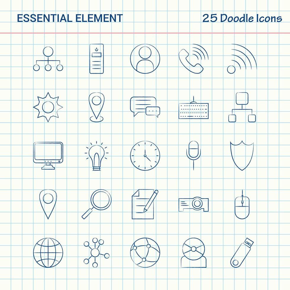 Essential Element 25 Doodle Icons Hand Drawn Business Icon set vector