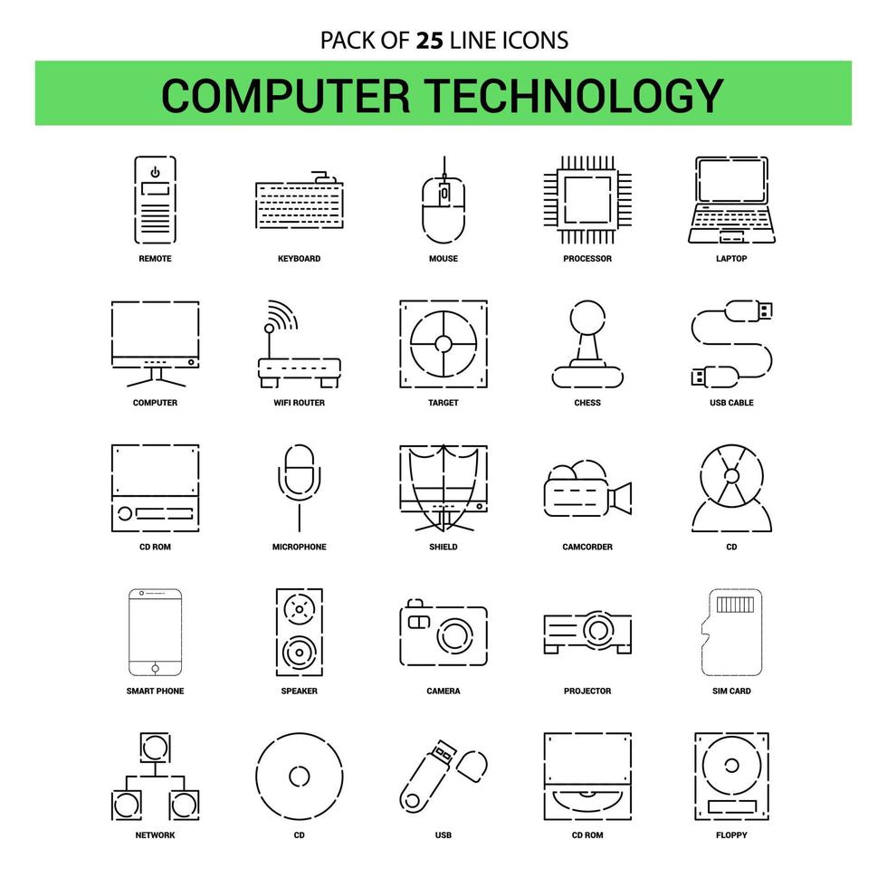 Computer Technology Line Icon Set 25 Dashed Outline Style vector