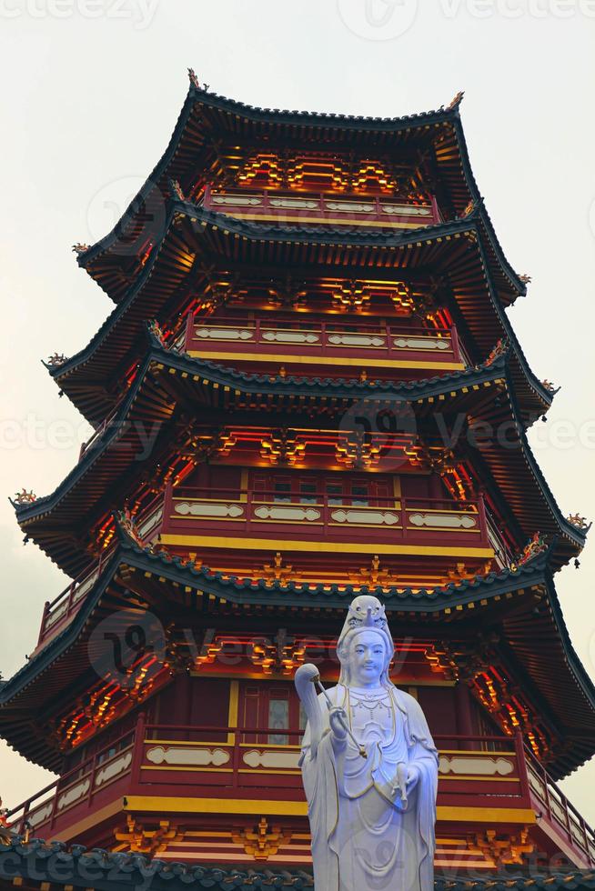 A Pagoda in the center of a Chinatown with the statue of Guan Yin. photo