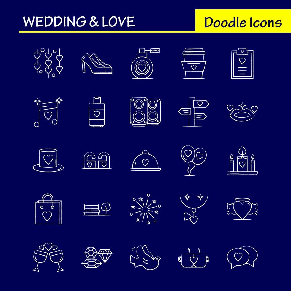 conjunto de iconos dibujados a mano de boda y amor para infografías kit de uxui móvil y diseño de impresión incluyen portapapeles corazón amor texto fuegos artificiales fuego amor conjunto de iconos de boda vector