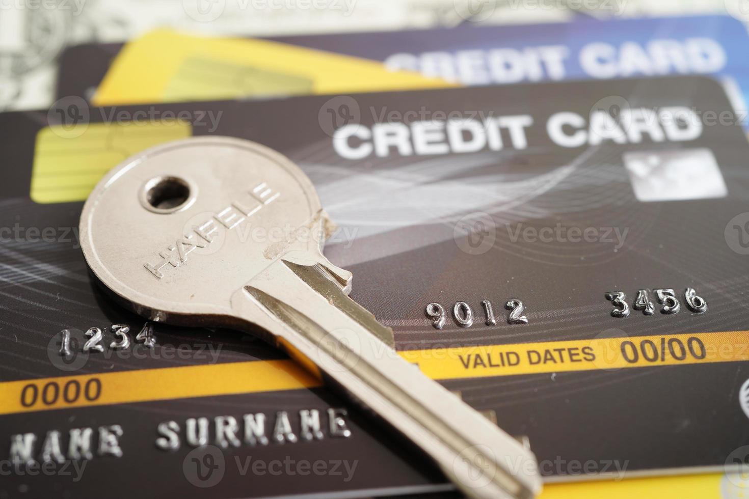 Credit card with password key lock, security finance business concept. photo