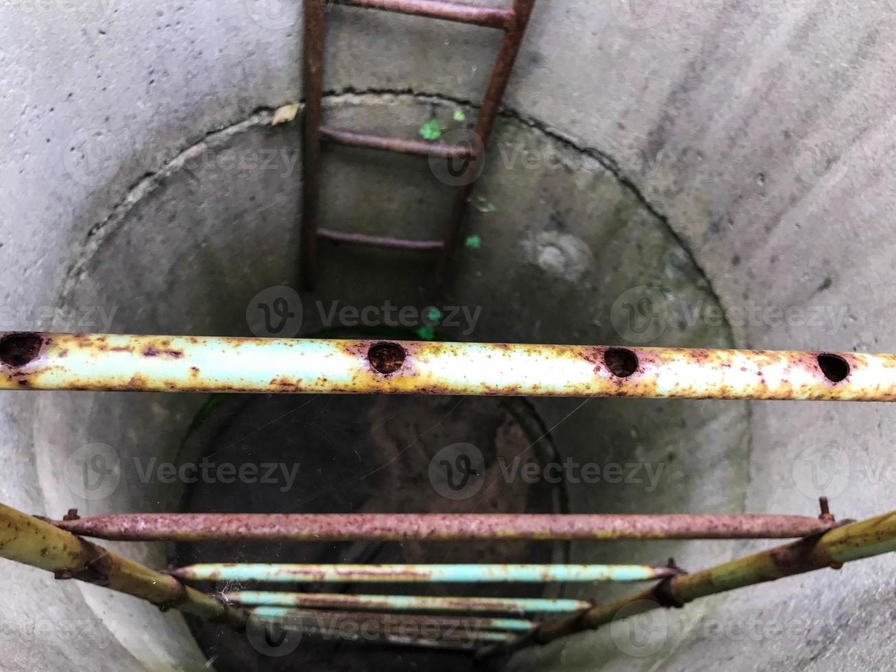 homemade well for water extraction. concrete rings are installed in the courtyard of the house to extract resources from the ground. groundwater, purified resources with health benefits photo