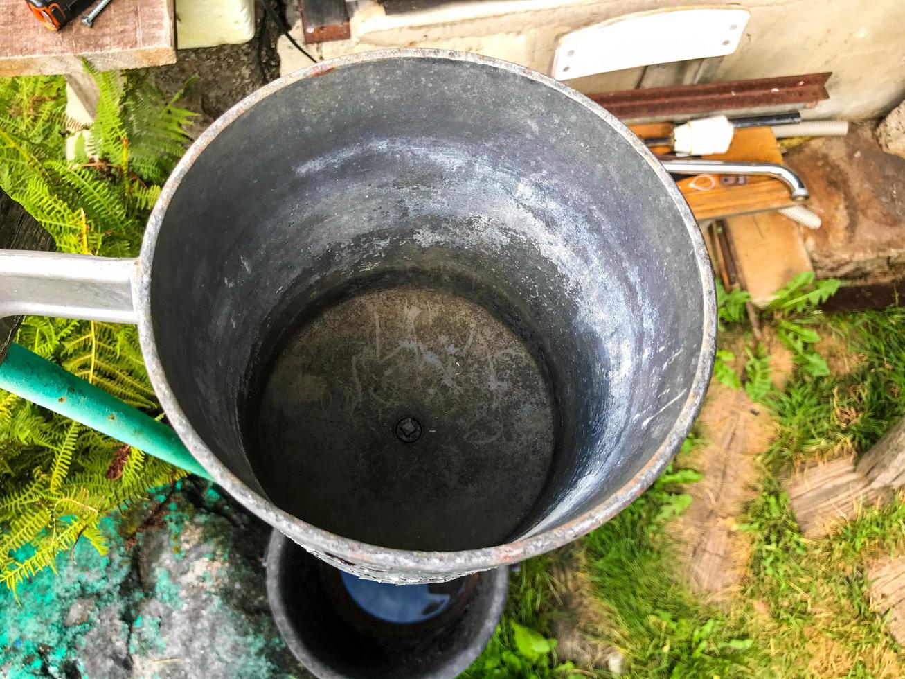 empty washbasin without water. mechanical washstand for washing and cleaning hands and face. washstand in the courtyard of the country house next to a wooden bench, resting place in the gazebo photo