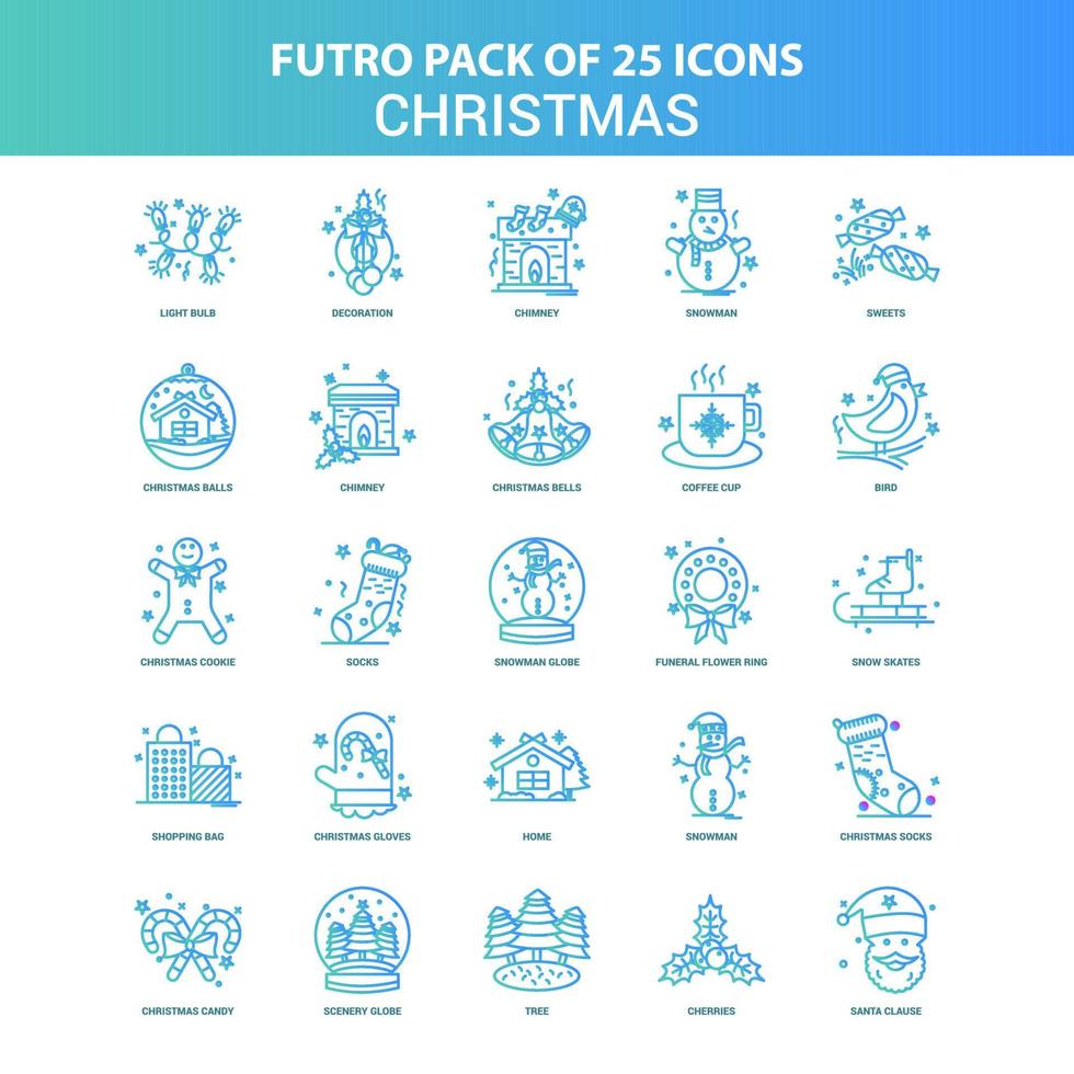 25 Green and Blue Futuro Christmas Icon Pack vector