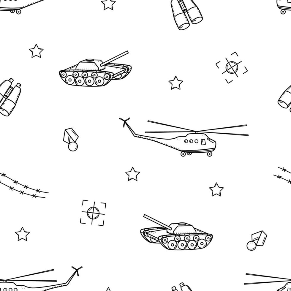 Seamless Pattern Military doodle icons. Vector illustration of a set of military equipment, army items.