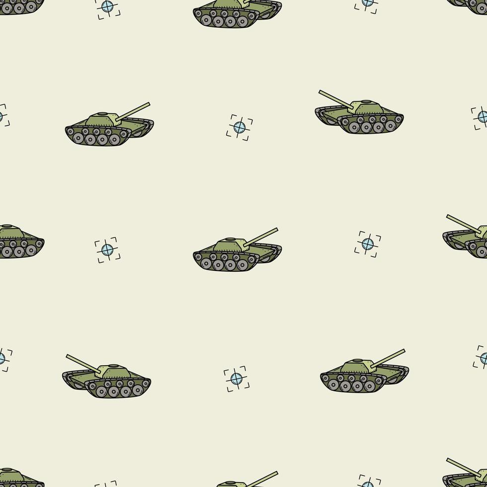 Seamless Pattern Tank with cannon doodle icon. Vector illustration of military equipment.