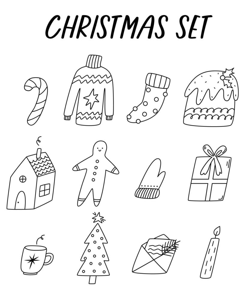 conjunto de contorno de hygge navideño. elementos lindos de la línea de año nuevo. invierno cálido y acogedor. ilustración dibujada a mano de dibujos animados vectoriales para vacaciones. vector