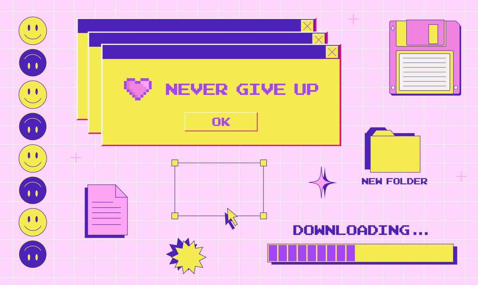 Old computer user interface, 90s 2000s style, retro pc elements, trendy y2k aesthetic set, smile, pixel heart, folder, floppy disk, nostalgia, vector illustration