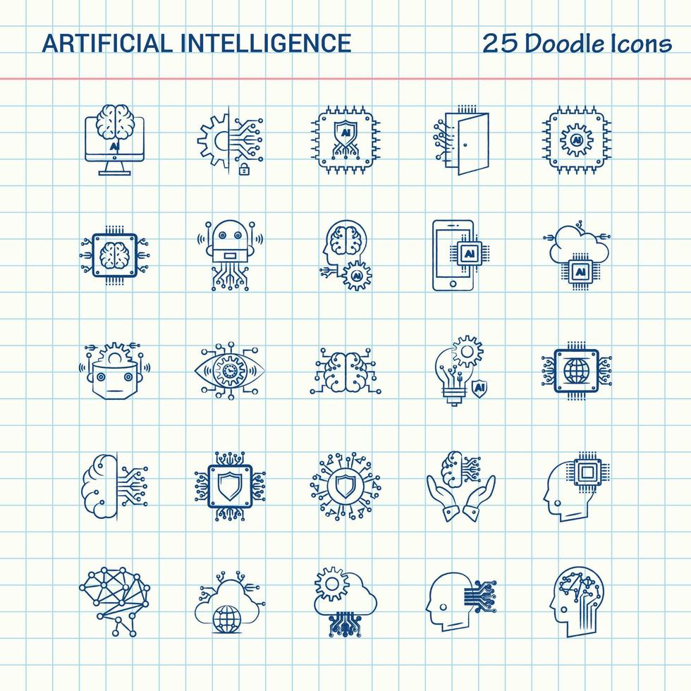 inteligencia artificial 25 iconos de doodle conjunto de iconos de negocios dibujados a mano vector