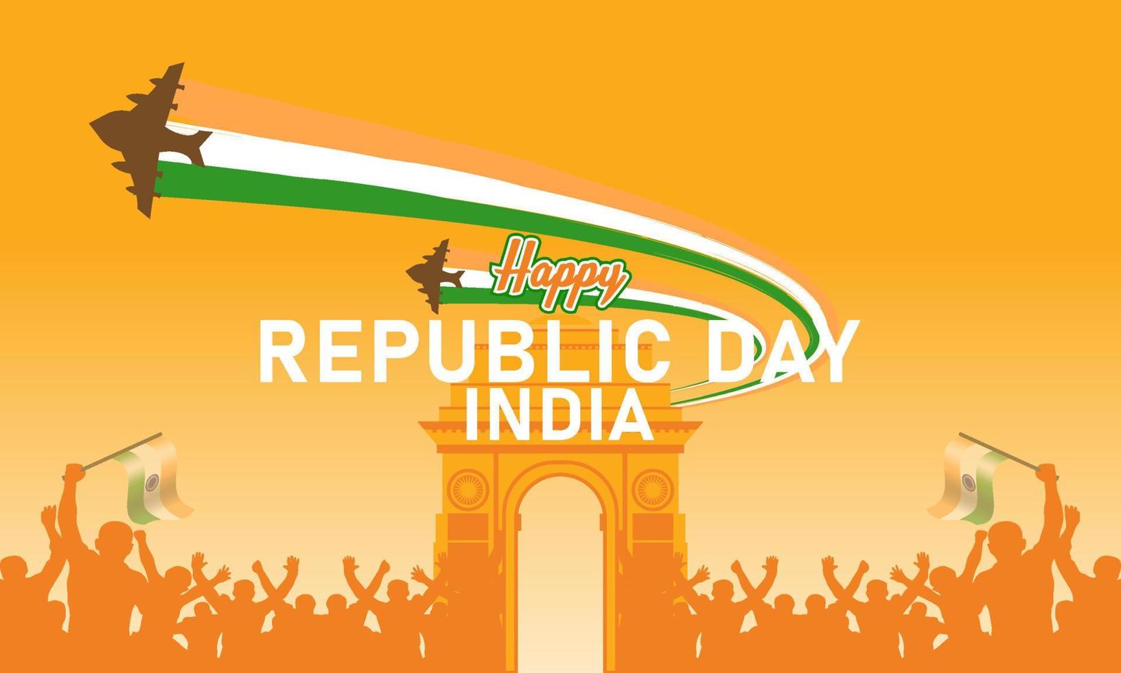 Republic Day celebration poster illustration, with fighter jet illustration and Indian flag colors wavy against yellowish twilight sky background, crowd of people, gateway of india vector