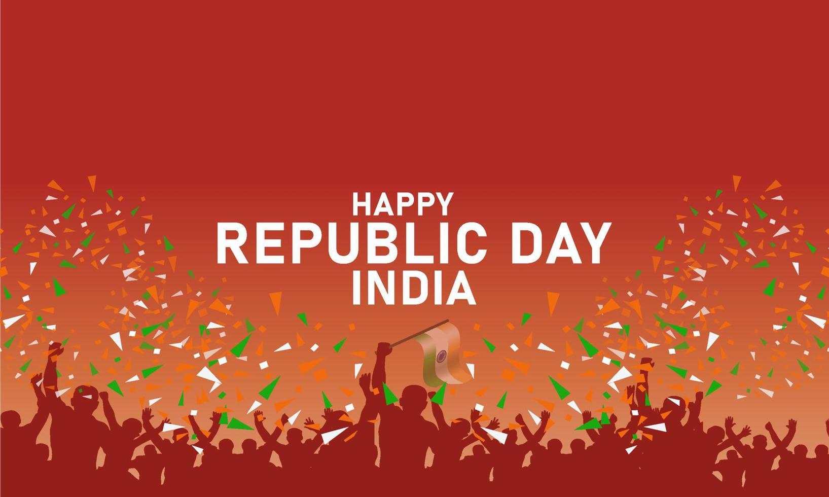ilustración de afiche para la celebración del día de la república, fondo degradado, bandera india ondulada, multitud de personas de fiesta celebrando la victoria vector