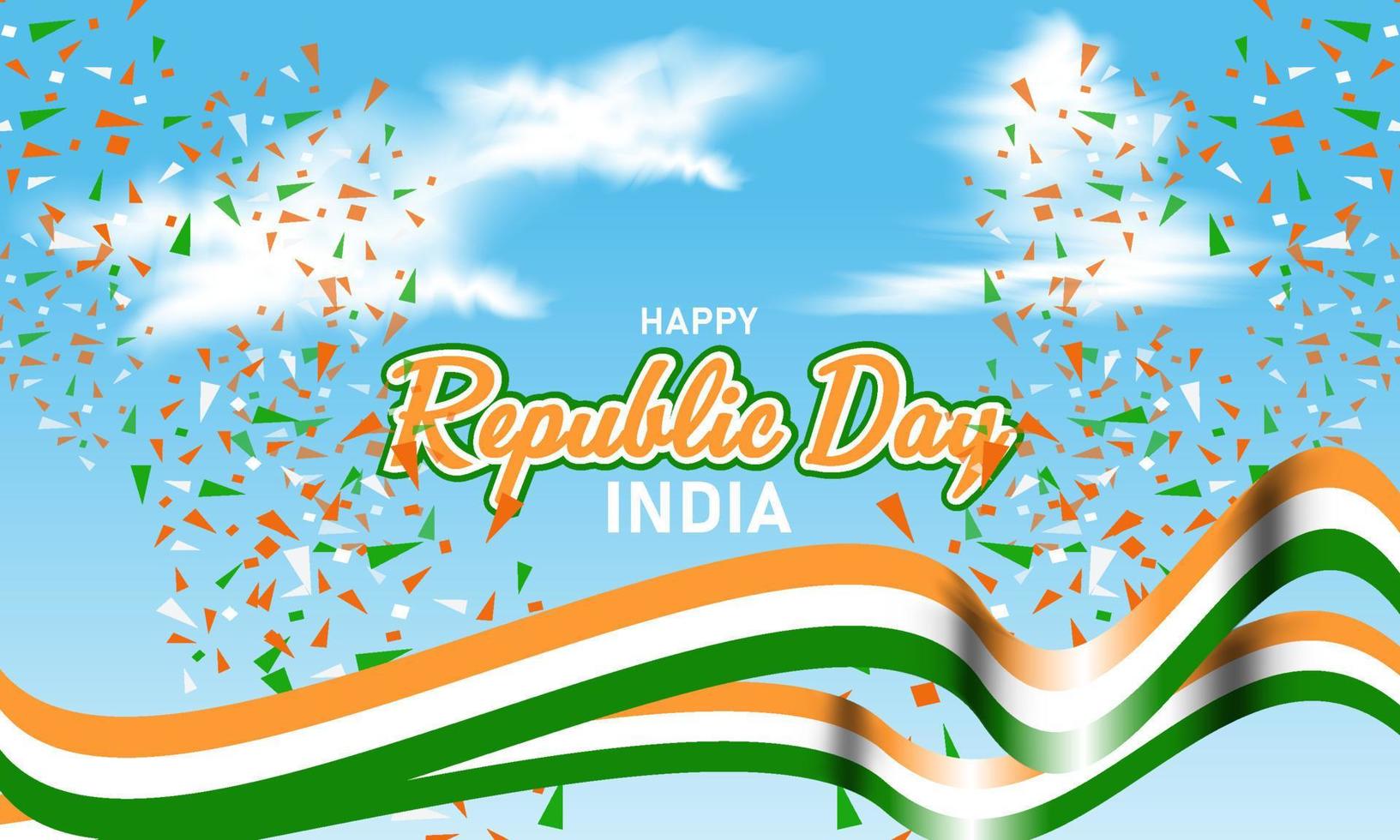 cartel de celebración del día de la república, con ilustración de fondo de cielo blanco y nubes, cinta de color de bandera india ondulada vector
