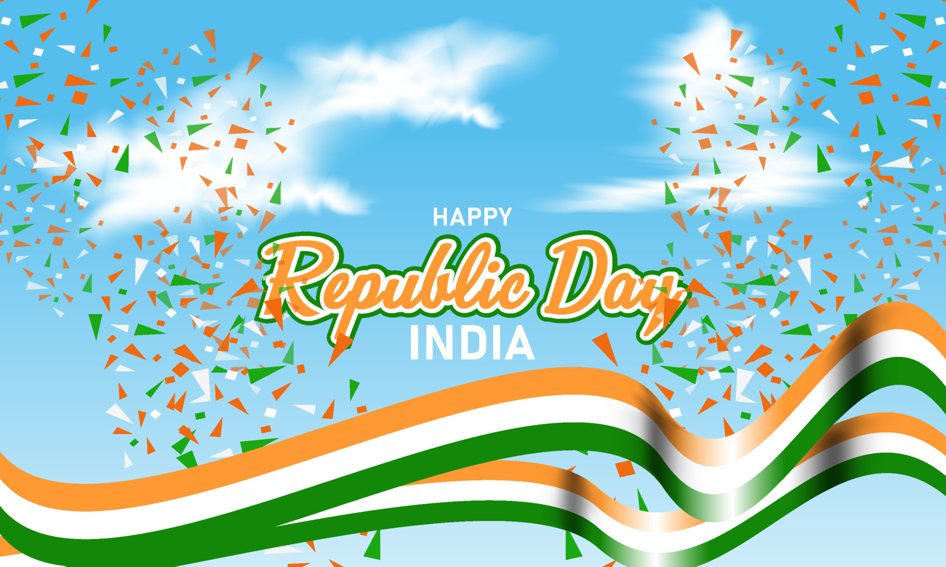 Republic Day celebration poster, with white sky and clouds background illustration, wavy Indian