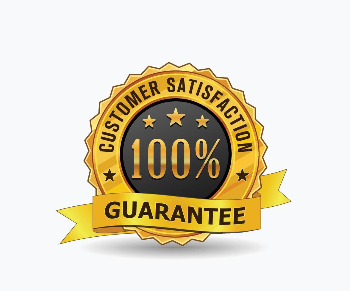100 Percent customer satisfaction guarantee gold badge with ribbon, star and customer satisfaction text around. vector