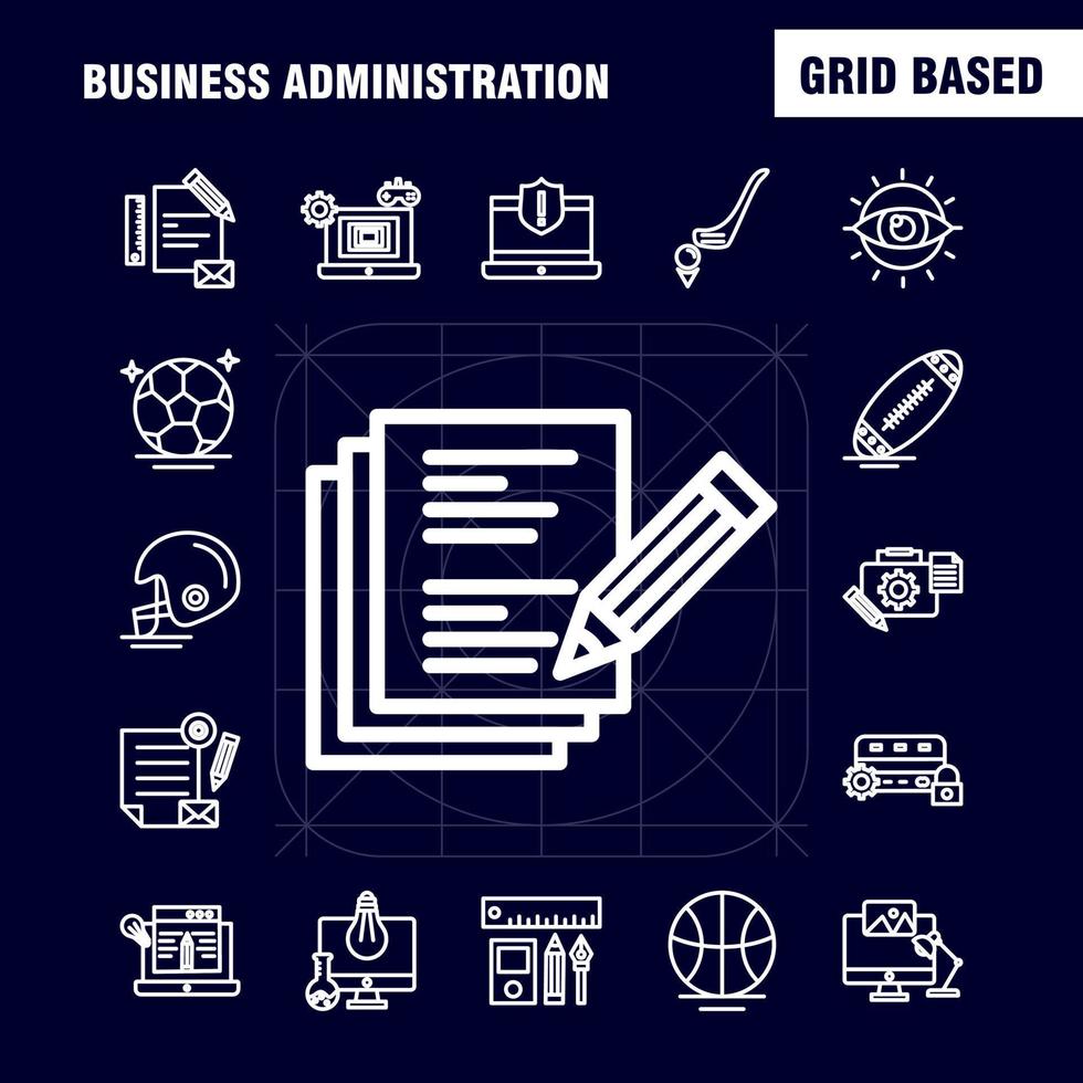 iconos de línea de administración empresarial establecidos para infografía kit uxui móvil y diseño de impresión incluyen lápiz smartphone escala vector casco protección deportes colección de juegos infografía moderna