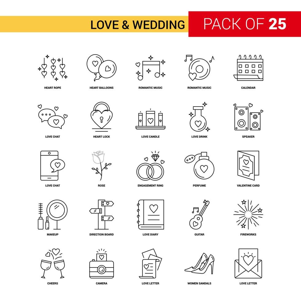 amor y boda icono de línea negra 25 conjunto de iconos de esquema de negocios vector