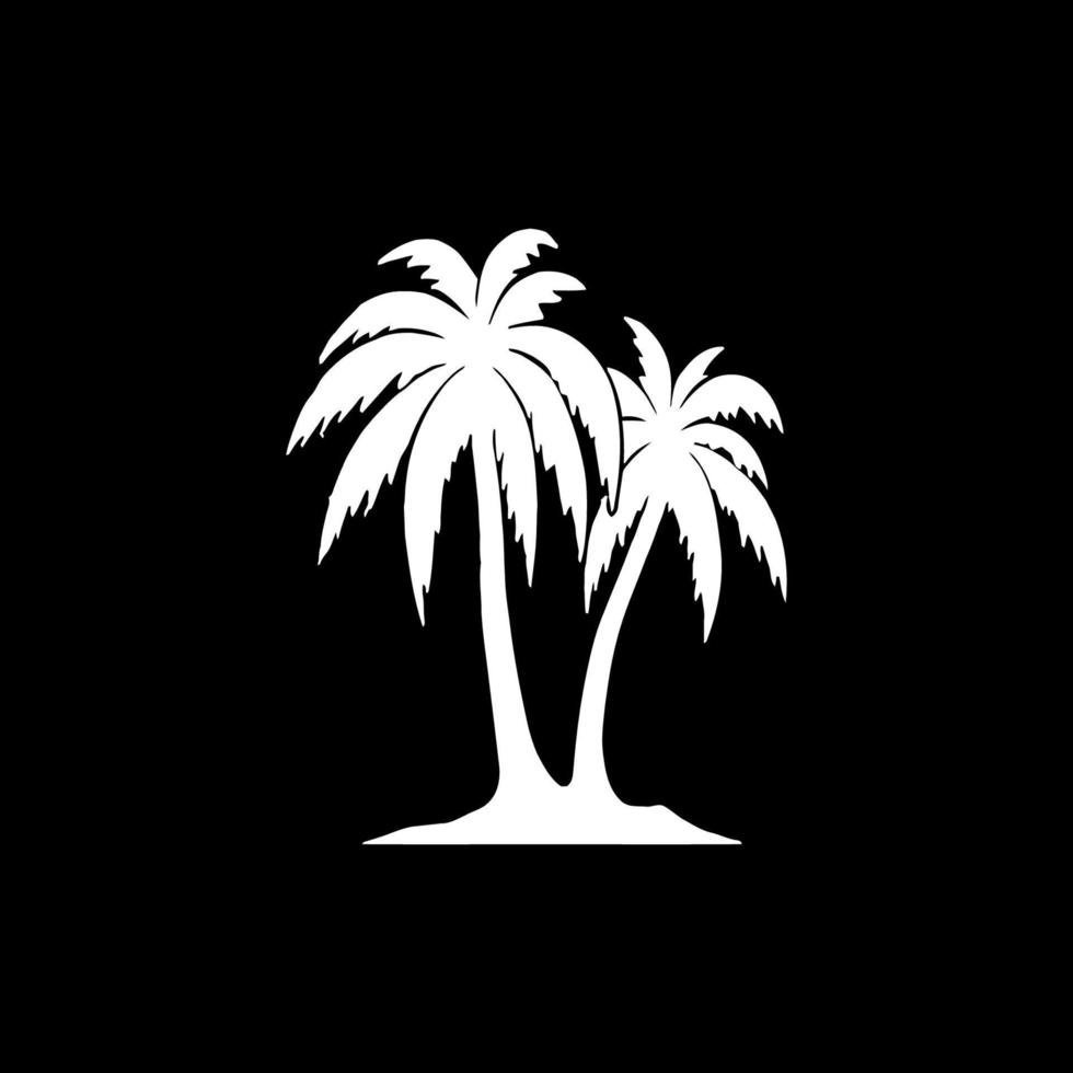 Black palm trees isolated on black background. Palm silhouettes. Design of palm trees for posters, banners and promotional items. Vector illustration