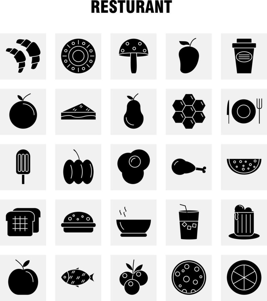 iconos de glifos sólidos de restaurante establecidos para infografías kit uxui móvil y diseño de impresión incluyen uvas comida frutas té pastel comida comida eps 10 vector