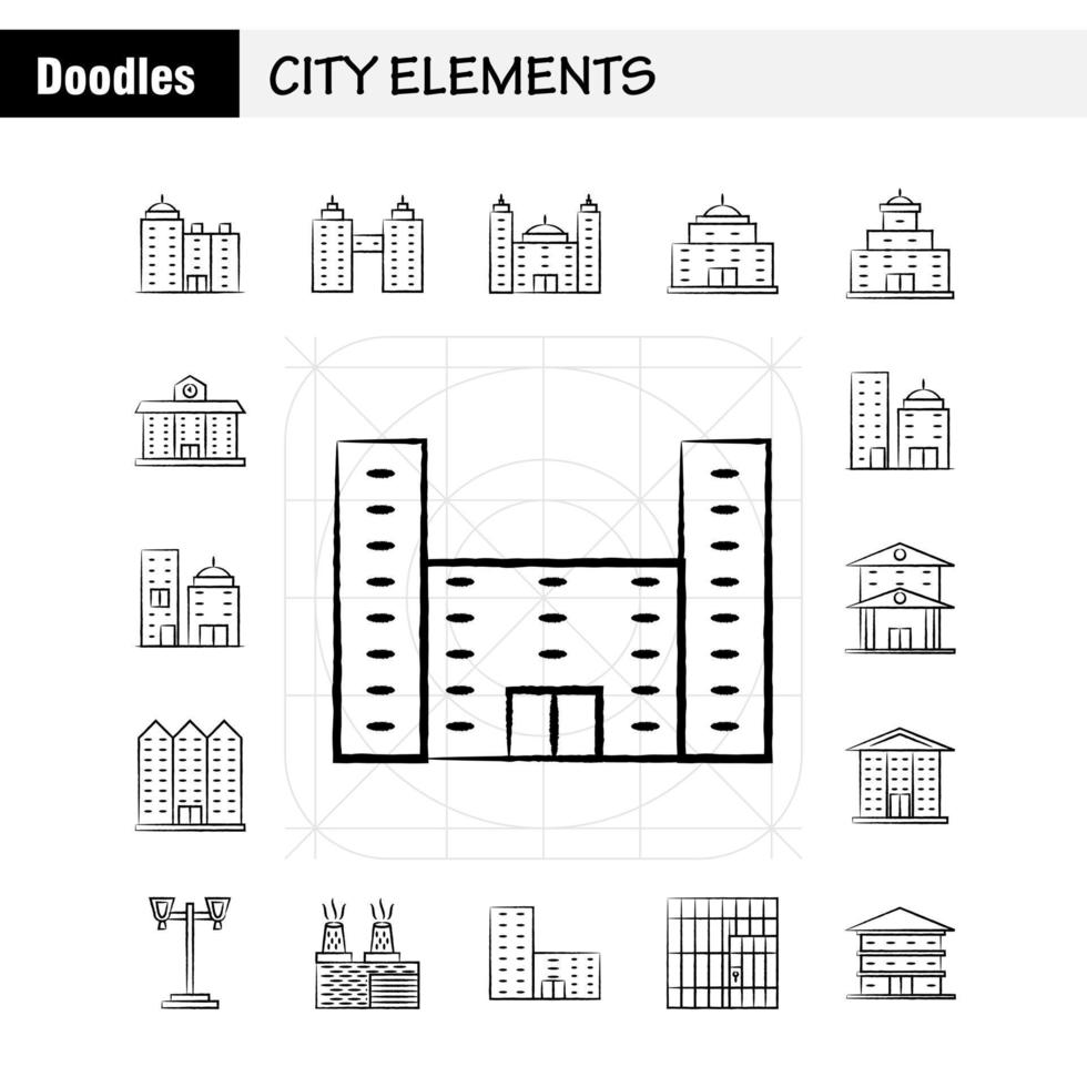 elementos de la ciudad iconos dibujados a mano establecidos para infografías kit uxui móvil y diseño de impresión incluyen edificio de torre edificios de oficinas de la ciudad torre ciudad oficina eps 10 vector