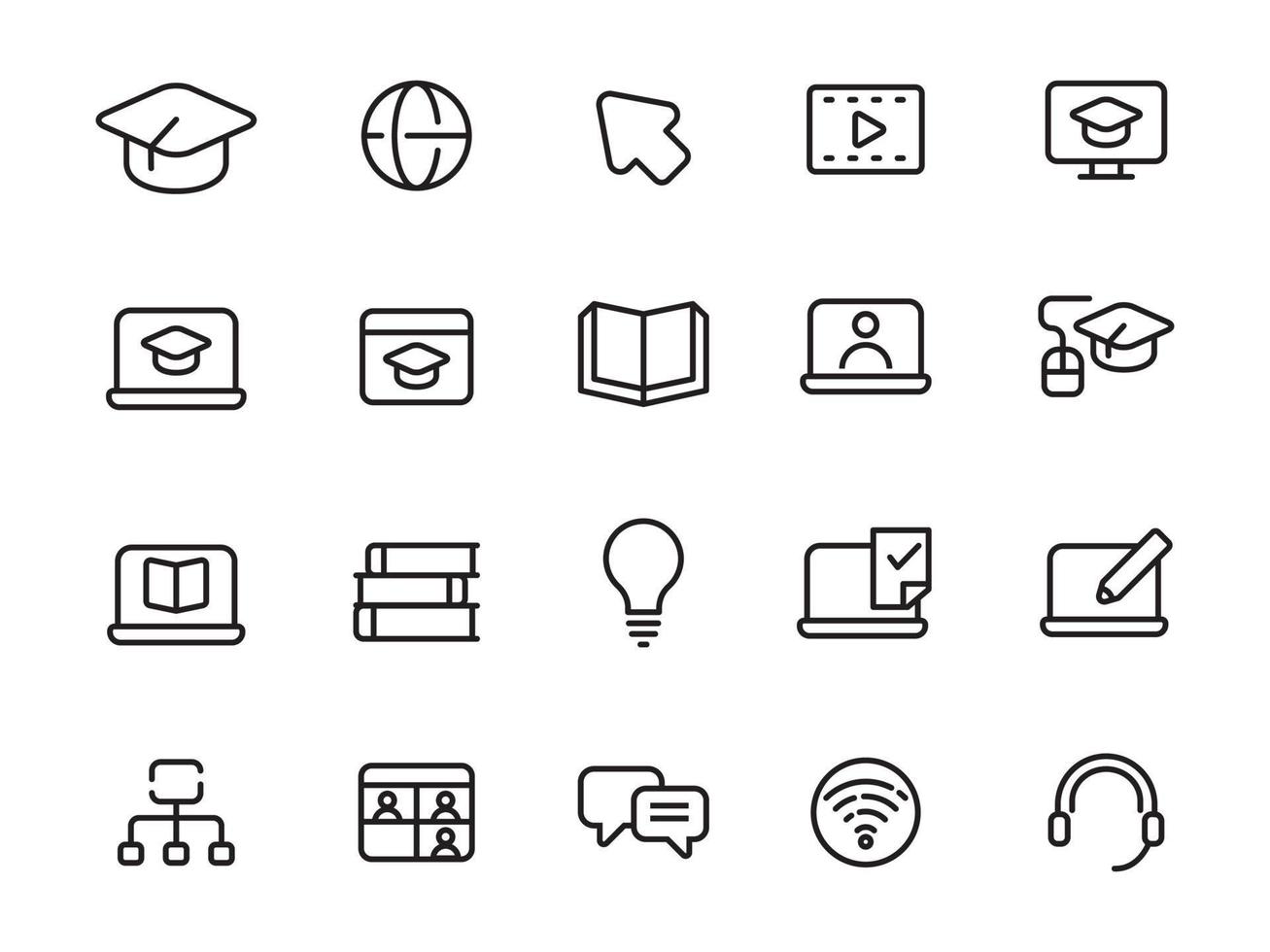 Set of e-learning icons with simple line design isolated on white background vector