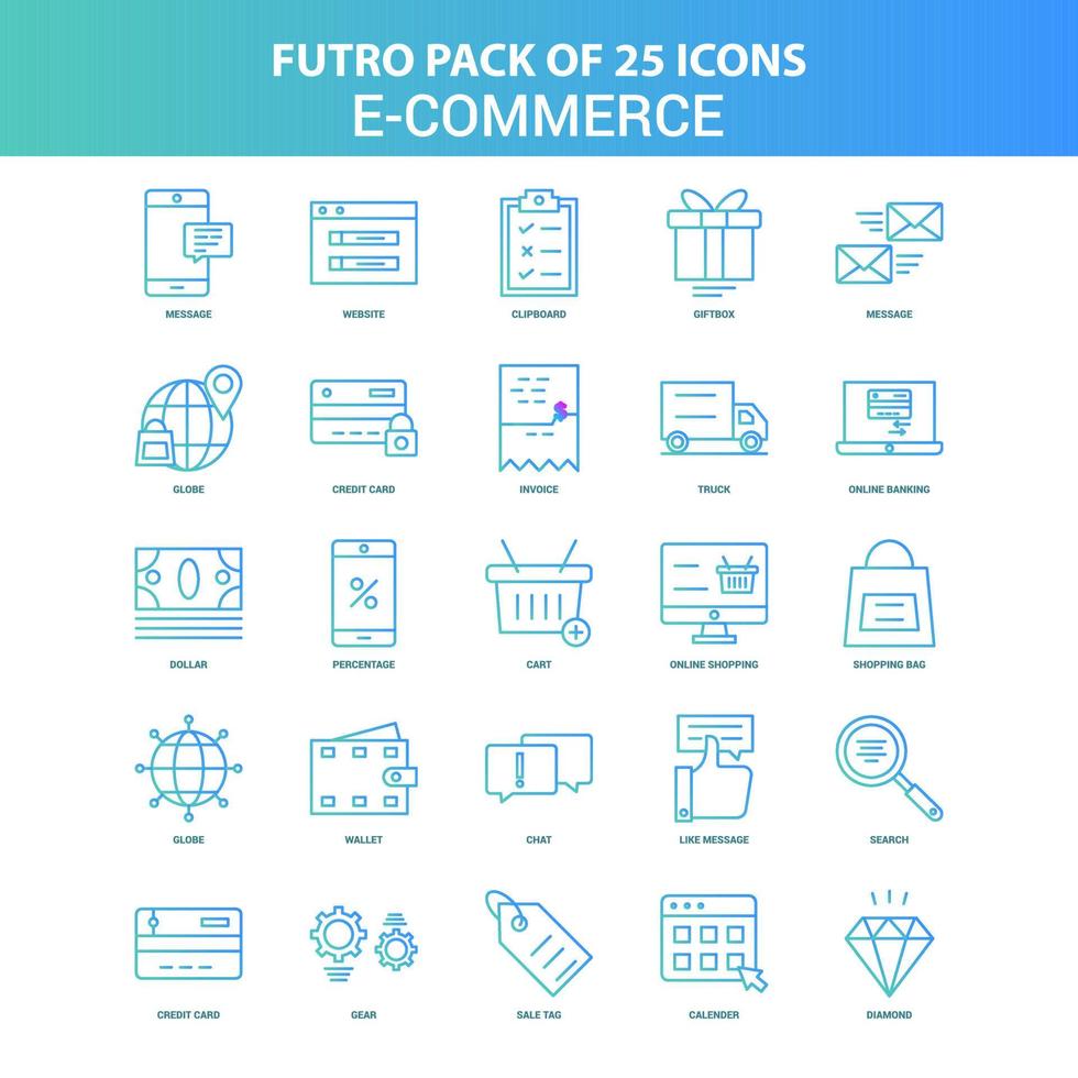 25 paquete de iconos de comercio electrónico futuro verde y azul vector
