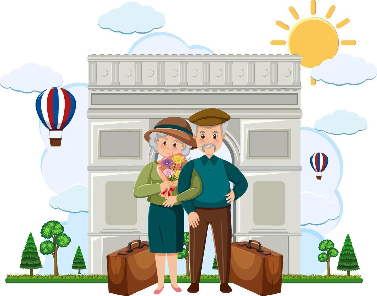 Elderly couple standing in front of Arc de Triomphe vector