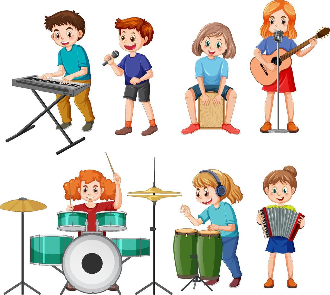 conjunto de niños tocando diferentes instrumentos musicales vector