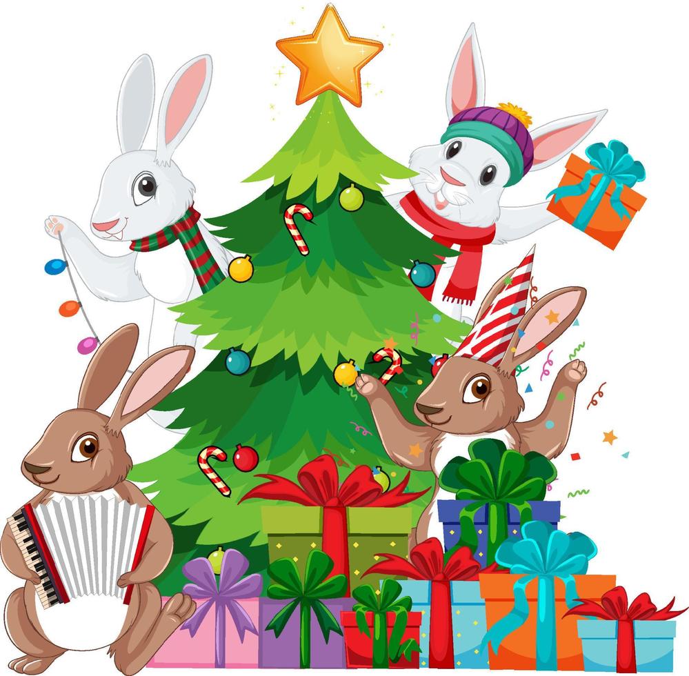 árbol de navidad con lindo conejo vector