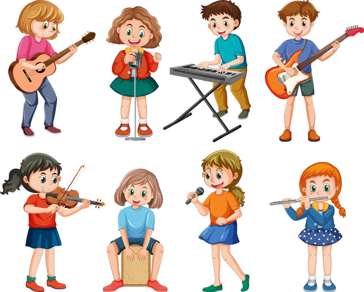 Set of kids playing different musical instrument vector