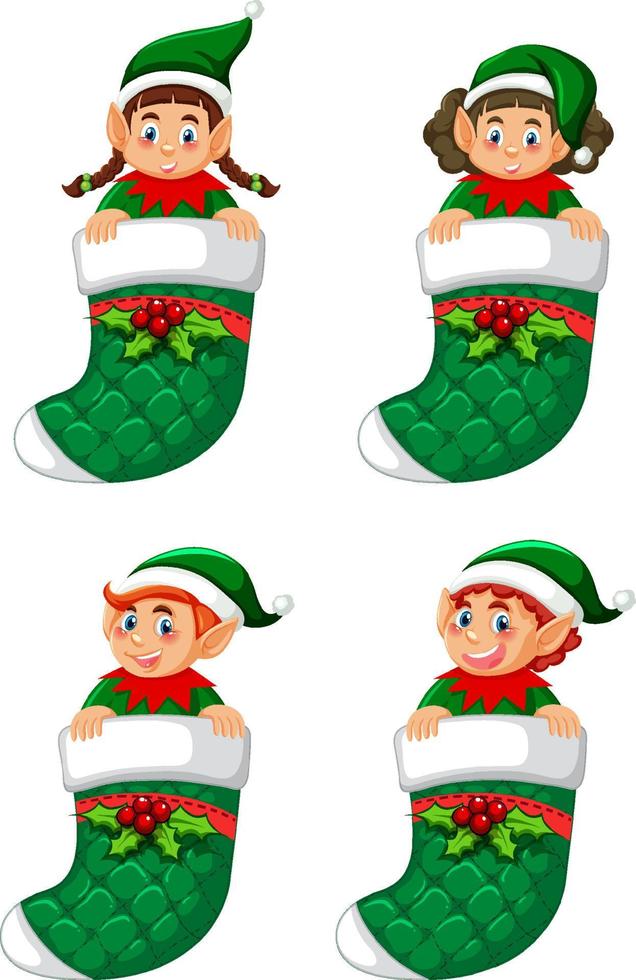 Elf in Christmas sock cartoon character vector