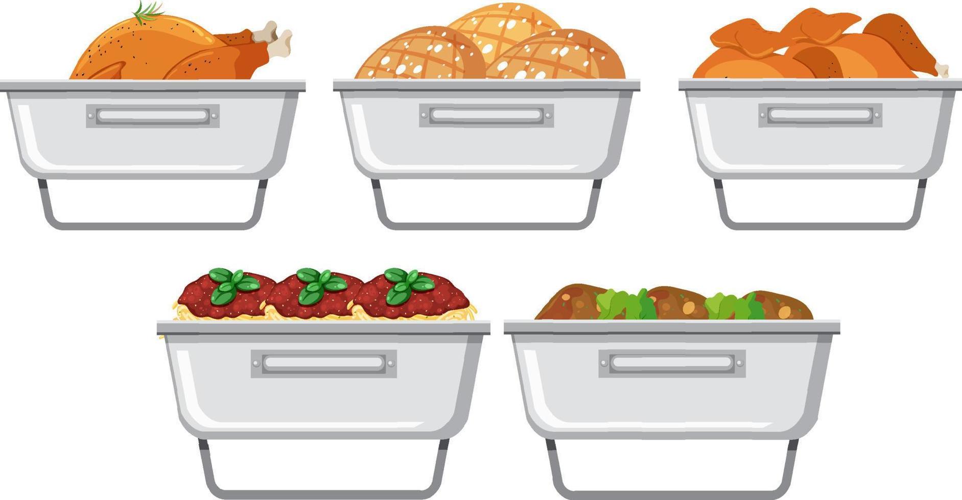 Buffet trays with foods set vector