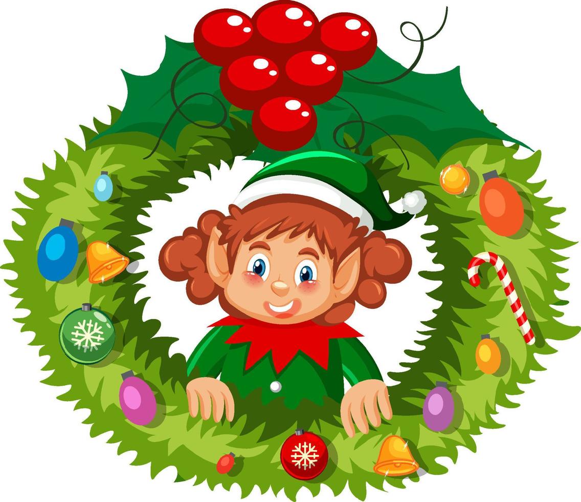 Elf Christmas wreath in cartoon style vector