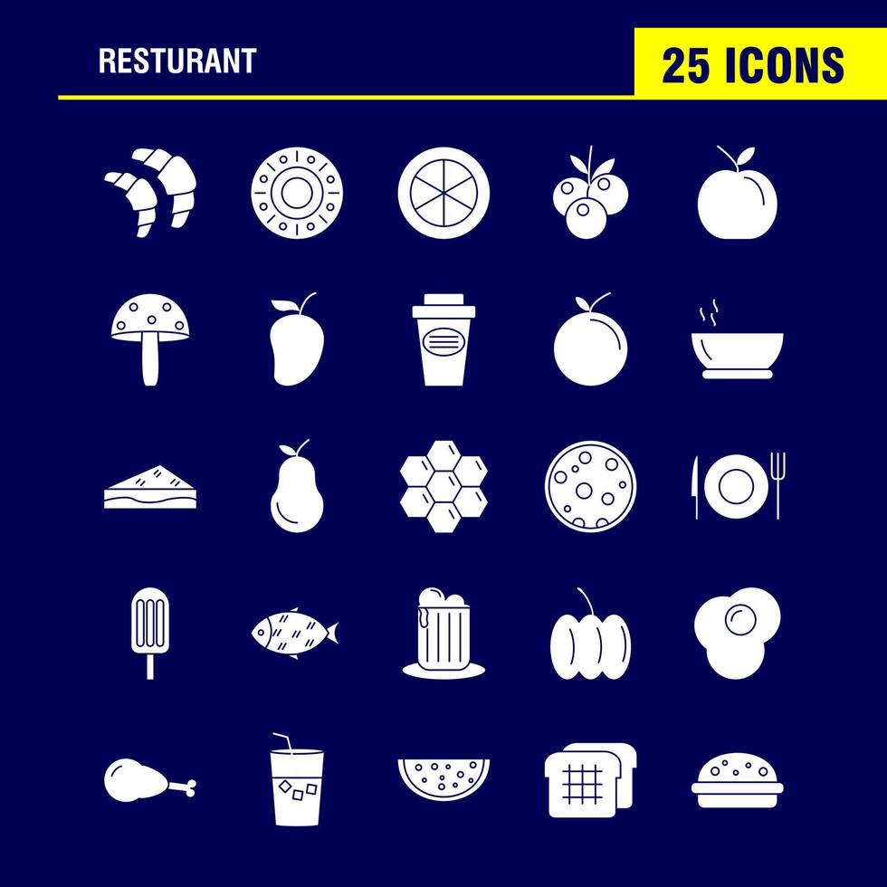 iconos de glifos sólidos de restaurante establecidos para infografías kit uxui móvil y diseño de impresión incluyen uvas comida frutas té pastel comida comida eps 10 vector