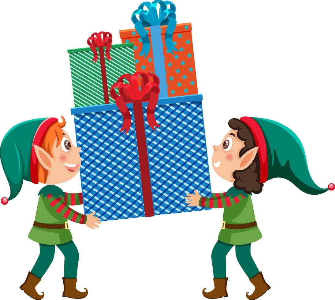 dos duendes con caja de regalo de navidad vector