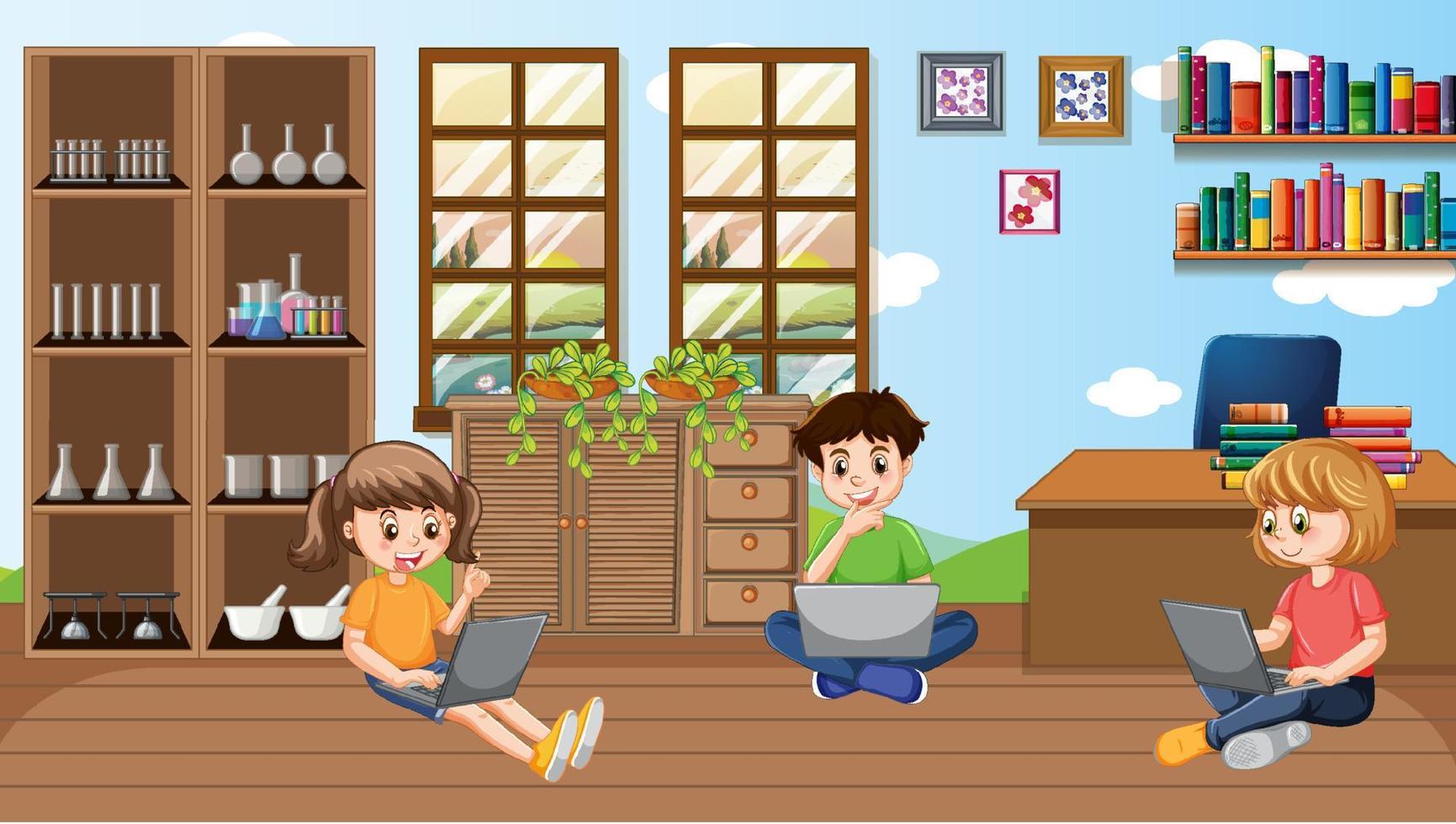 Children using technology devices at home vector