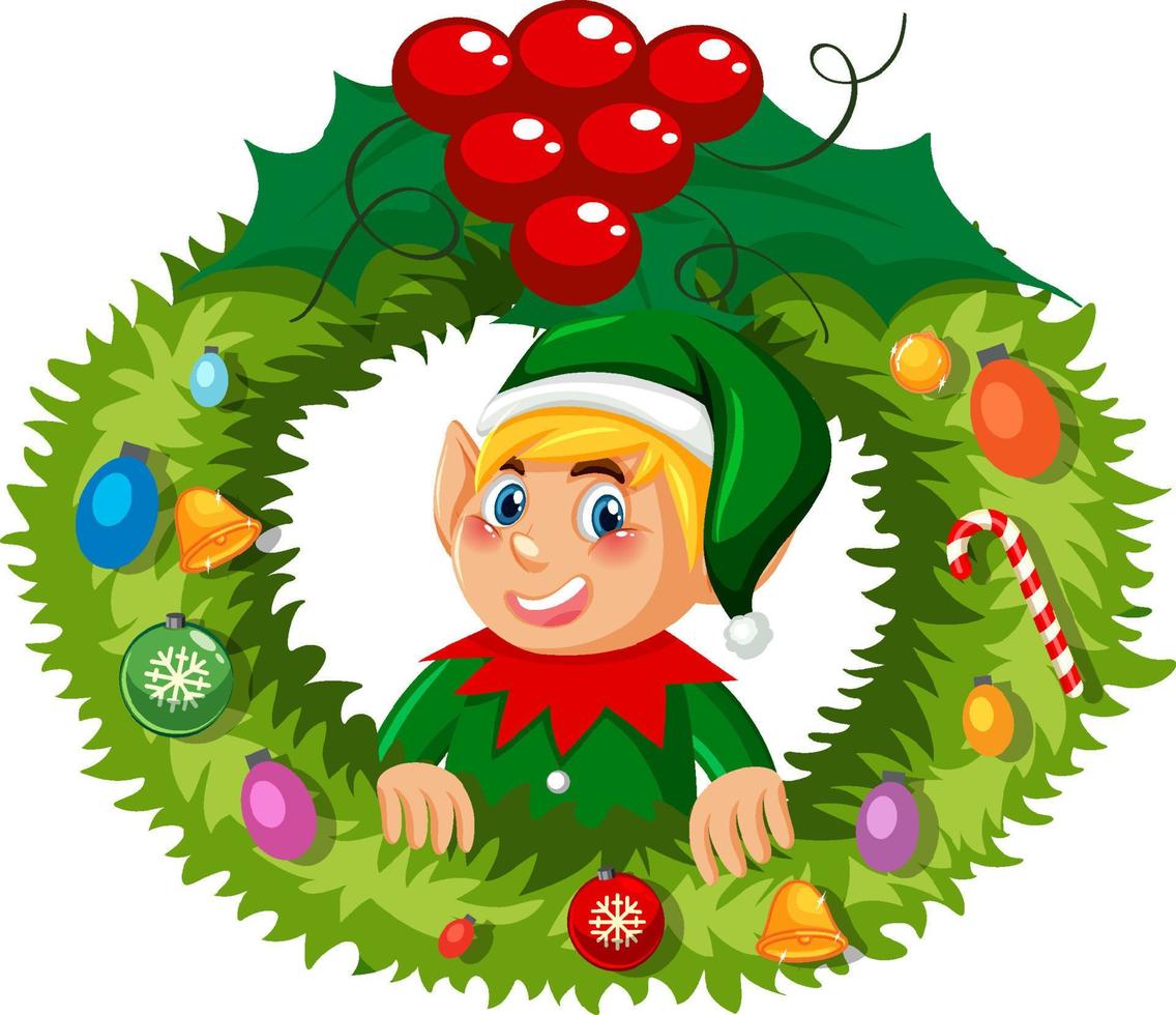 Elf Christmas wreath in cartoon style vector