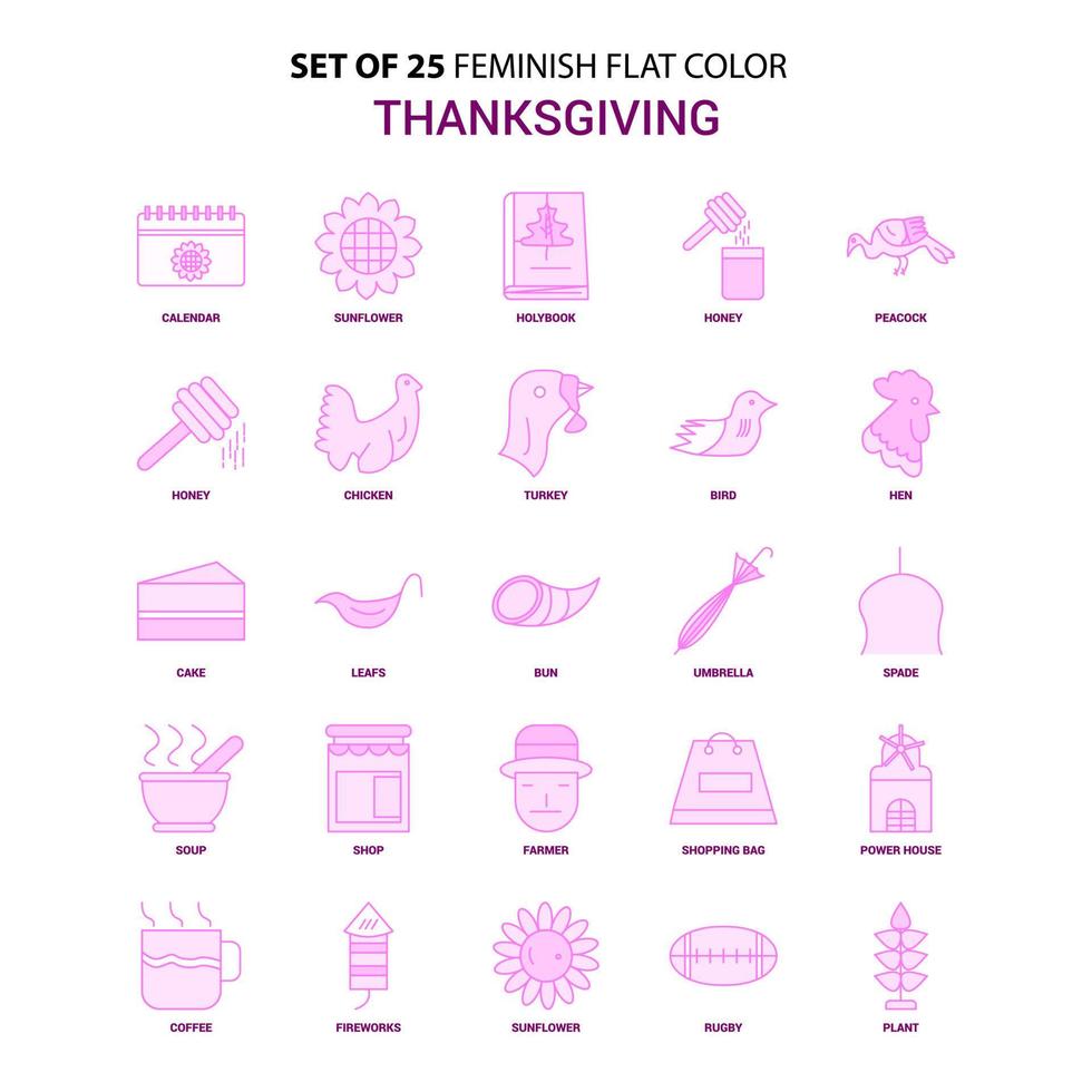 conjunto de 25 conjunto de iconos rosa de color plano de acción de gracias femenino vector